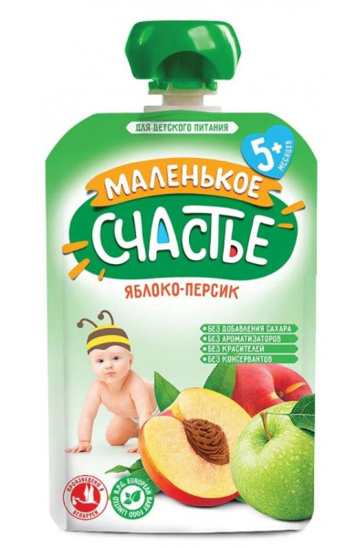 Пюре детское Маленькое счастье Яблоко и персик, мягкая упаковка, 5m+, 90гр